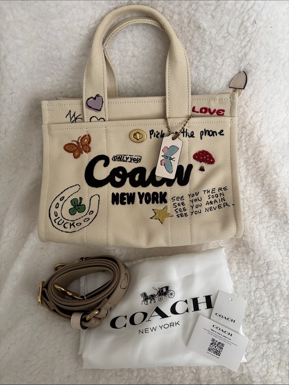 Coach New York Beige Canvas Patch Satchel with Colorful Embroidered Motifs